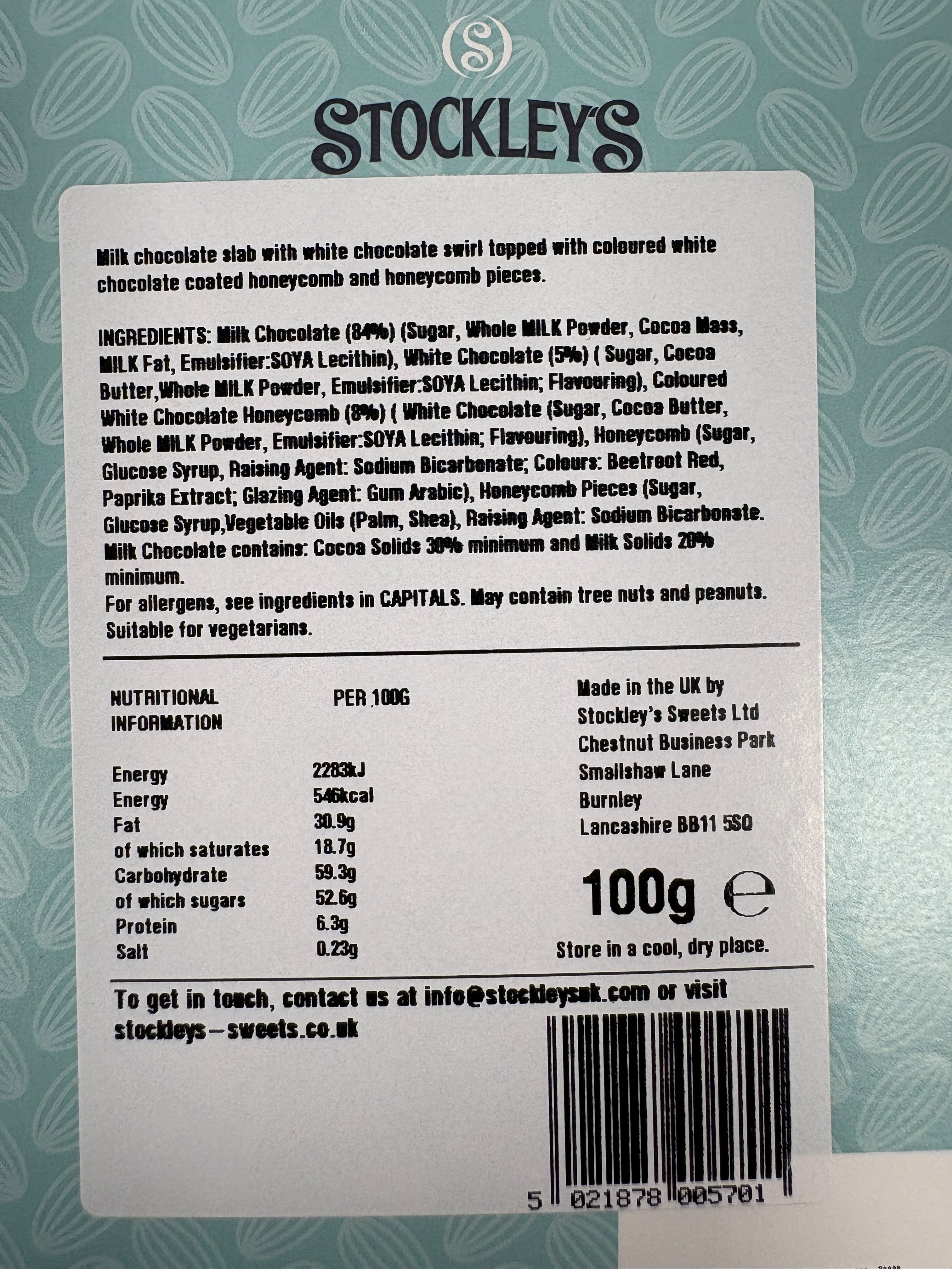 Milk Chocolate Slab with Honeycomb Pieces 100g x 1